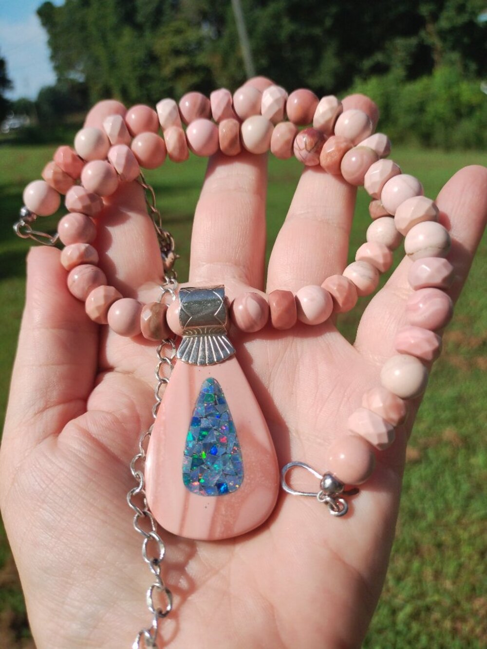Jay King DTR 925 Sterling Silver Pink Opal Bead Blue Opal Inlay Pendant Necklace - Picture 4 of 6